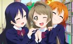  3girls blue_hair brown_hair closed_eyes commentary_request hand_on_another&#039;s_shoulder hands_together kousaka_honoka kuusuke love_live! love_live!_school_idol_project minami_kotori multiple_girls official_style one_eye_closed open_mouth orange_hair side_ponytail smile sonoda_umi yellow_eyes 