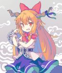  1girl belt blue_ribbon bow bowtie chain clenched_hand cowboy_shot cuffs fang flexing hair_between_eyes hair_bow hand_on_own_arm horn_ribbon horns ibuki_suika lavender_background long_hair looking_at_viewer nano_(mianhua_maoqiu) open_mouth orange_hair pose purple_skirt red_bow red_bowtie red_eyes ribbon shackles shirt skirt sleeveless smile solo touhou very_long_hair white_shirt wrist_cuffs 