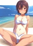  1girl arm_support arms_behind_back bare_shoulders beach bikini blush breasts character_request cleavage clouds collarbone eyebrows eyebrows_visible_through_hair hair_between_eyes kinta_(distortion) leaning_back looking_at_viewer navel sand sitting sky solo swimsuit violet_eyes waves wet 