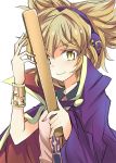  &gt;:) 1girl bracelet cape closed_mouth collared_shirt commentary_request earmuffs jewelry light_brown_eyes light_brown_hair pointy_hair purple_cape ritual_baton shirt short_hair solo suichuu_hanabi touhou toyosatomimi_no_miko upper_body 
