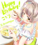  1girl bangs blush bowl bracelet chair character_name chopsticks commentary_request crop_top dated earrings eating food food_in_mouth from_above grey_hair hair_ornament hairpin happy_birthday highres jewelry long_hair looking_back love_live! love_live!_school_idol_project meandros minami_kotori necklace noodles ramen ricar sitting smile solo spoon table twitter_username wristband yellow_eyes 
