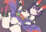  1girl alcohol breasts commentary_request fang fate/grand_order fate_(series) from_above horns japanese_clothes kimono lo_xueming looking_at_viewer looking_up lying navel on_back oni oni_horns open_mouth purple_hair sakazuki sake short_hair shuten_douji_(fate/grand_order) small_breasts solo spread_legs thigh-highs violet_eyes 