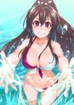  1girl bikini black_hair breasts cleavage grin ifuji_shinsen itou_ittousai_(sengoku_collection) leaning_forward long_hair red_eyes sengoku_collection smile splashing standing swimsuit wading water 