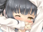  1girl blush close-up covering_mouth dakimakura grey_hair hair_ribbon kantai_collection kasumi_(kantai_collection) looking_at_viewer lying one_eye_closed ren_san ribbon side_ponytail solo yellow_eyes 