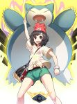  1girl aura beanie black_hair bracelet claws fangs female_protagonist_(pokemon_sm) hat jewelry looking_at_viewer open_mouth pointing pointing_up pokemon pokemon_(creature) pokemon_(game) pokemon_sm pose ririko_(zhuoyandesailaer) saturday_night_fever shirt short_shorts shorts snorlax tied_shirt 