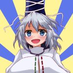  1girl :d blue_eyes blush eyebrows eyebrows_visible_through_hair hands_in_sleeves hat japanese_clothes kariginu long_sleeves looking_at_viewer mononobe_no_futo open_mouth silver_hair smile solo tate_eboshi touhou wide_sleeves yasui_nori 