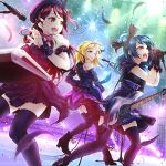  3girls blonde_hair blue_hair electric_guitar guilty_kiss_(love_live!) guitar instrument keyboard_(instrument) long_hair love_live! love_live!_sunshine!! microphone microphone_stand multiple_girls music ohara_mari open_mouth redhead rymerge sakurauchi_riko singing sweat sweatdrop tsushima_yoshiko 