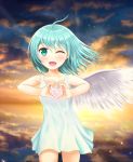 1girl ;d ahoge alternate_costume angel_wings aqua_eyes backlighting bird blue_hair clouds collarbone contrapposto cowboy_shot dress heart heart_hands highres one_eye_closed open_mouth petals reflection ripples short_hair single_wing smile solo sundress sunset tatara_kogasa touhou wind wings zkillerz 