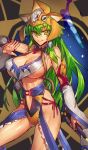  &gt;:&gt; 1girl adapted_costume animal_hat armpits bare_shoulders breasts cleavage commentary_request cowboy_shot detached_sleeves frills green_hair hair_tubes hat highleg holding holding_sword holding_weapon kochiya_sanae large_breasts long_hair looking_at_viewer melon22 mirror navel revealing_clothes sidelocks solo sword touhou tsurime under_boob very_long_hair weapon wide_sleeves yellow_eyes 
