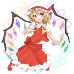  1girl arm_garter ascot blonde_hair bow commentary crystal danmaku fangs flandre_scarlet hat hat_bow hat_ribbon highres looking_at_viewer mary_janes mob_cap open_mouth outstretched_arm puffy_short_sleeves puffy_sleeves red_eyes red_shoes red_skirt red_vest ribbon shoes short_sleeves shunichi side_ponytail skirt smile solo touhou white_background white_hat wings wrist_cuffs 