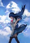  1girl absurdres black_legwear blue_hair blue_sky breasts clouds day dress hand_up highres hinanawi_tenshi jiliang_ji_ying layered_dress light_smile long_hair looking_down neck_ribbon no_hat no_headwear open_hand outdoors profile puffy_short_sleeves puffy_sleeves red_eyes ribbon short_sleeves sky small_breasts solo thigh-highs touhou very_long_hair wind wind_lift 