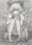  barefoot bird bloomers bow charcoal_(medium) cirno dress frilled_dress frilled_sleeves frills frown greyscale hair_bow holding knees_together_feet_apart koneneko looking_at_viewer monochrome penguin pigeon-toed puffy_short_sleeves puffy_sleeves short_hair short_sleeves sitting touhou traditional_media underwear 