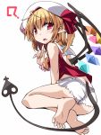  1girl ? adapted_costume ascot barefoot blonde_hair blush demon_wings feet flandre_scarlet hat hat_ribbon hemogurobin_a1c laevatein_(tail) looking_at_viewer pointy_ears red_eyes red_ribbon ribbon short_shorts shorts simple_background sitting solo tail toes touhou vest white_background white_shorts wings wrist_cuffs 
