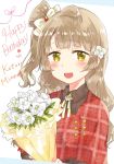  1girl :d bangs blush bow brown_hair capelet character_name collared_shirt flower gmanee grey_hair hair_bow hair_flower hair_ornament happy_birthday highres holding_bouquet long_hair love_live! love_live!_school_idol_project minami_kotori neck_ribbon open_mouth plaid ribbon shirt simple_background smile solo upper_body wavy_hair white_background yellow_eyes 