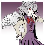  1girl bow bowtie brooch commentary_request covering_mouth cowboy_shot dress feathered_wings grey_hair jacket jewelry kikoka_(mizuumi) kishin_sagume long_sleeves looking_at_viewer open_clothes open_jacket purple_dress red_bow red_bowtie red_eyes short_hair single_wing solo touhou tsurime white_wings wings 
