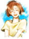  1girl :d ^_^ blue_background closed_eyes open_mouth orange_hair peciako shirt short_hair short_sleeves smile solo soukyuu_no_fafner toomi_maya upper_body yellow_shirt 