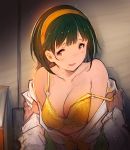  1girl bangs bare_shoulders blunt_bangs bow bra breasts brown_eyes cleavage commentary_request green_hair hairband hanarito idolmaster long_sleeves looking_at_viewer mole mole_under_mouth open_clothes open_shirt orange_bra otonashi_kotori parted_lips shirt shirt_down short_hair smile solo strap_slip underwear undressing upper_body 