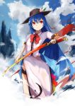  1girl adapted_costume bangs black_hat blue_bow blue_hair bow clouds cloudy_sky commentary_request dress food fruit hat hinanawi_tenshi holding holding_weapon large_bow long_dress long_hair peach rainbow_gradient rainbow_order red_bow red_eyes short_sleeves sky solo standing sword_of_hisou tetsurou_(fe+) touhou weapon 