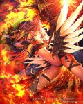  1girl beltbra blonde_hair blue_eyes breasts cleavage fire gloves guardians_violation holding holding_weapon long_hair navel official_art solo suzki00 teeth under_boob weapon wings 