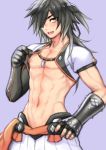  1boy abs black_hair blush cosplay fingerless_gloves folks_(nabokof) gloves hair_over_one_eye jewelry long_hair navel necklace nipples open_mouth orange_eyes purple_background rokurou_rangetsu shigure_rangetsu shigure_rangetsu_(cosplay) shirtless simple_background solo tales_of_(series) tales_of_berseria teeth upper_body 