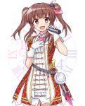 1girl across_the_stars belt blush brown_eyes brown_hair clock dress epaulettes feathers gloves hair_feathers hair_ornament highres idolmaster idolmaster_cinderella_girls idolmaster_cinderella_girls_starlight_stage looking_at_viewer ogata_chieri open_mouth plaid plaid_dress short_hair short_sleeves shunichi smile solo twintails white_gloves 