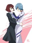  ayanami_rei blue_hair face_hold formal highres hug neon_genesis_evangelion plugsuit r_dorothy_wayneright skirt smile smirk suit the_big_o yuri 