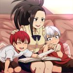  1girl 2boys akeemi-chan artist_name black_eyes black_legwear blush boku_no_hero_academia book book_on_lap bow brothers couch highres if_they_mated long_hair mother_and_son multiple_boys on_couch patting pillow red_shirt redhead shiny shiny_hair shirt short_hair short_sleeves siblings sitting skirt smile socks t-shirt white_hair white_shirt yaoyorozu_momo 