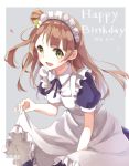  1girl :d apron bangs bow brown_hair dated dress frilled_apron frills green_eyes grey_background hair_bow happy_birthday heart highres looking_at_viewer love_live! love_live!_school_idol_project maid maid_headdress minami_kotori neck_ribbon one_side_up open_mouth puffy_short_sleeves puffy_sleeves ribbon sentaro207 short_sleeves simple_background skirt_hold smile solo wonder_zone 