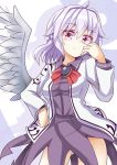  1girl aki_chimaki ass_visible_through_thighs bow bowtie brooch closed_mouth commentary_request cowboy_shot dress feathered_wings grey_wings hand_on_hip jacket jewelry kishin_sagume long_sleeves looking_at_viewer open_clothes open_jacket pink_eyes purple_dress red_bow red_bowtie short_hair silver_hair single_wing solo touhou wings 