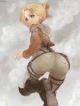  1girl annie_leonhardt ass blonde_hair boots ek9000 folded_ponytail green_eyes highres jacket looking_back pants shingeki_no_kyojin sketch solo three-dimensional_maneuver_gear 