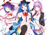  3girls animal_ears black_hat blazer blouse blue_bow blue_hair blue_skirt blush bow capelet food frills fruit gun handgun hat hat_bow hat_ribbon hinanawi_tenshi holding holding_weapon jacket large_bow lavender_hair leg_up long_hair long_skirt looking_at_viewer miniskirt multiple_girls nagae_iku necktie open_mouth peach pink_skirt pleated_skirt puffy_short_sleeves puffy_sleeves purple_hair rabbit_ears rainbow_gradient rainbow_order red_bow red_eyes red_necktie reisen_udongein_inaba revolver ribbon shawl short_hair short_sleeves skirt smile standing tetsurou_(fe+) touhou twitter_username very_long_hair violet_eyes weapon weapon_request white_blouse wing_collar 