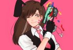  1girl ;) animal_ears bjmaki black_gloves black_vest brown_eyes brown_hair charm_(object) closed_mouth collar collared_shirt confetti d.va_(overwatch) dress_shirt eyebrows eyebrows_visible_through_hair facepaint facial_mark gloves gun handgun holding holding_gun holding_weapon long_hair necktie one_eye_closed overwatch pink_background pink_necktie rabbit_ears shirt short_sleeves simple_background sleeves_pushed_up smile solo upper_body vest weapon whisker_markings white_shirt wing_collar wrist_cuffs 