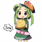  1girl :d belt black_eyes blush dress eyebrows food green_dress green_hair hat holding holding_food kanikama long_hair long_sleeves looking_at_viewer lowres open_mouth original personification short_dress simple_background smile snack solo thick_eyebrows twintails white_background 