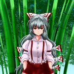  1girl bamboo bamboo_forest bow expressionless forest fujiwara_no_mokou hair_bow hair_ribbon hands_in_pockets highres jitome long_hair looking_at_viewer nature pants red_eyes ribbon shirt silver_hair solo suspenders touhou upper_body very_long_hair yasui_nori 