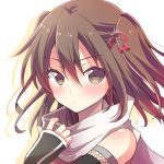  1girl bare_shoulders black_gloves blush brown_eyes brown_hair chihiro_(oimo) elbow_gloves fingerless_gloves gloves hair_ornament kantai_collection looking_at_viewer remodel_(kantai_collection) scarf sendai_(kantai_collection) short_hair solo twintails upper_body white_scarf 