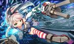  &gt;_&lt; 1girl blonde_hair closed_eyes dutch_angle elbow_gloves gloves green_eyes highres kantai_collection kurobuta_gekkan lifebuoy long_hair looking_at_viewer miniskirt ocean pointing rensouhou-chan school_uniform serafuku shimakaze_(kantai_collection) ship skirt solid_eyes striped striped_legwear thigh-highs watercraft zettai_ryouiki 