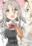  2girls @_@ alcohol bangs bare_shoulders blonde_hair blue_eyes blush bottle breasts brown_eyes commentary_request corset crown crying crying_with_eyes_open dress eyebrows grey_hair hair_between_eyes hairband hat highres holding kantai_collection large_breasts long_hair mini_crown mini_hat multiple_girls off-shoulder_dress off_shoulder open_mouth pola_(kantai_collection) ryuki_(ryukisukune) tears thick_eyebrows trembling warspite_(kantai_collection) wavy_hair 