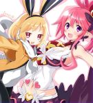  animal_ears artist_name blonde_hair bracelet breasts cleavage crown disgaea earmuffs fang highres iwasi-r jewelry large_breasts looking_at_viewer miniskirt multiple_girls necktie open_mouth pink_hair pointy_ears ponytail rabbit_ears red_eyes seraphina_(disgaea) short_hair skirt smile usalia_(disgaea) 