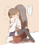 2girls akagi_(kantai_collection) beige_background black_legwear blush brown_hair commentary_request flying_sweatdrops hug ina_(1813576) japanese_clothes kaga_(kantai_collection) kantai_collection leg_wrap long_hair multiple_girls side_ponytail simple_background sitting sitting_on_lap sitting_on_person tears thigh-highs translated white_legwear yellow_eyes 