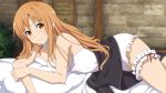  1girl asuna_(sao) bed_sheet breasts brown_eyes brown_hair cleavage game_cg hair_over_shoulder highres indoors long_hair looking_at_viewer lying medium_breasts neck_garter official_art on_back pillow red_ribbon ribbon smile solo sword_art_online sword_art_online:_hollow_realization thigh_strap tunic 