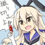  &gt;:d 1girl :d blonde_hair commentary_request female gaia_memory hairband kame_rider kamen_rider kamen_rider_accel kamen_rider_w kantai_collection long_hair open_mouth parody shimakaze_(kantai_collection) sketch smile solo translation_request twitter_username 