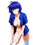  1girl blue_eyes blue_hair blue_shirt breasts cleavage collarbone eyepatch ikkitousen large_breasts looking_at_viewer mole mole_under_mouth open_clothes open_shirt panties ryomou_shimei shirt short_hair simple_background solo thigh-highs underwear white_background white_legwear white_panties 