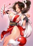  1girl blush breasts brown_eyes brown_hair cleavage fan folding_fan japanese_clothes large_breasts looking_at_viewer matsuda_(matsukichi) ponytail shiranui_mai sideboob simple_background smile solo the_king_of_fighters 