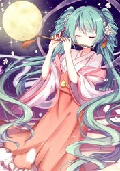  1girl chuushuu_meigetsu_miku closed_eyes flower full_moon gejigejier green_hair hair_flower hair_ornament hatsune_miku instrument japanese_clothes long_hair moon music playing_instrument solo twintails very_long_hair vocaloid 