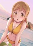  1girl alternate_hair_color azuki_cha ball beachball bikini blonde_hair blush breasts brown_eyes brown_hair cleavage collarbone dutch_angle eyebrows eyebrows_visible_through_hair highres kunikida_hanamaru leaning_forward long_hair looking_at_viewer love_live! love_live!_sunshine!! mountain navel ocean open_mouth sidelocks swimsuit water yellow_bikini yellow_eyes 