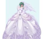  1girl bare_shoulders blush breasts bridal_veil bride cleavage commentary_request dress elbow_gloves gloves great_magami green_hair highres huge_breasts long_hair morrigan_aensland solo strapless strapless_dress vampire_(game) veil violet_eyes wedding_dress white_dress white_gloves wings 