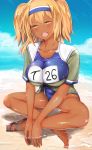  1girl beach blush breasts commentary_request competition_swimsuit crossed_legs dark_skin hair_ornament hairband i-26_(kantai_collection) jacket kantai_collection large_breasts name_tag ocean one-piece_swimsuit orange_eyes orange_hair sandals sandals_removed school_swimsuit shiny shiny_skin sitting smile swimsuit tan two_side_up untsue 