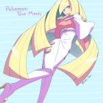  1girl artist_request blonde_hair english_text high_heels long_hair looking_at_viewer lusamine_(pokemon) pokemon pokemon_(game) pokemon_sm skirt sweater turtleneck twitter_username very_long_hair vicke_(pokemon) vicke_(pokemon)_(cosplay) 
