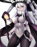  1girl beeyan black_cape black_legwear bodysuit breasts cane cape covered_navel expressionless gloves hair_between_eyes hat headgear highres kantai_collection long_hair looking_at_viewer medium_breasts no_gloves pale_skin shinkaisei-kan silver_hair solo staff teeth tentacles white_gloves wo-class_aircraft_carrier yellow_eyes 