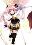  1boy :d black_legwear boots bow braid cape fang fate/apocrypha fate_(series) fur_trim garter_straps hair_bow highres kazetto male_focus open_mouth otoko_no_ko pink_hair rider_of_black single_braid skirt smile sword thigh-highs violet_eyes weapon 